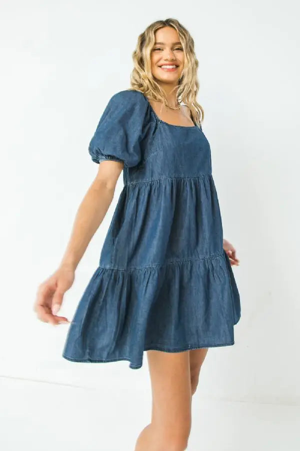 DENIM MINI DRESS WITH SQUARE NECKLINE AND BUBBLE SHORT SLEEVES-Sissy Boutique-Sissy Boutique