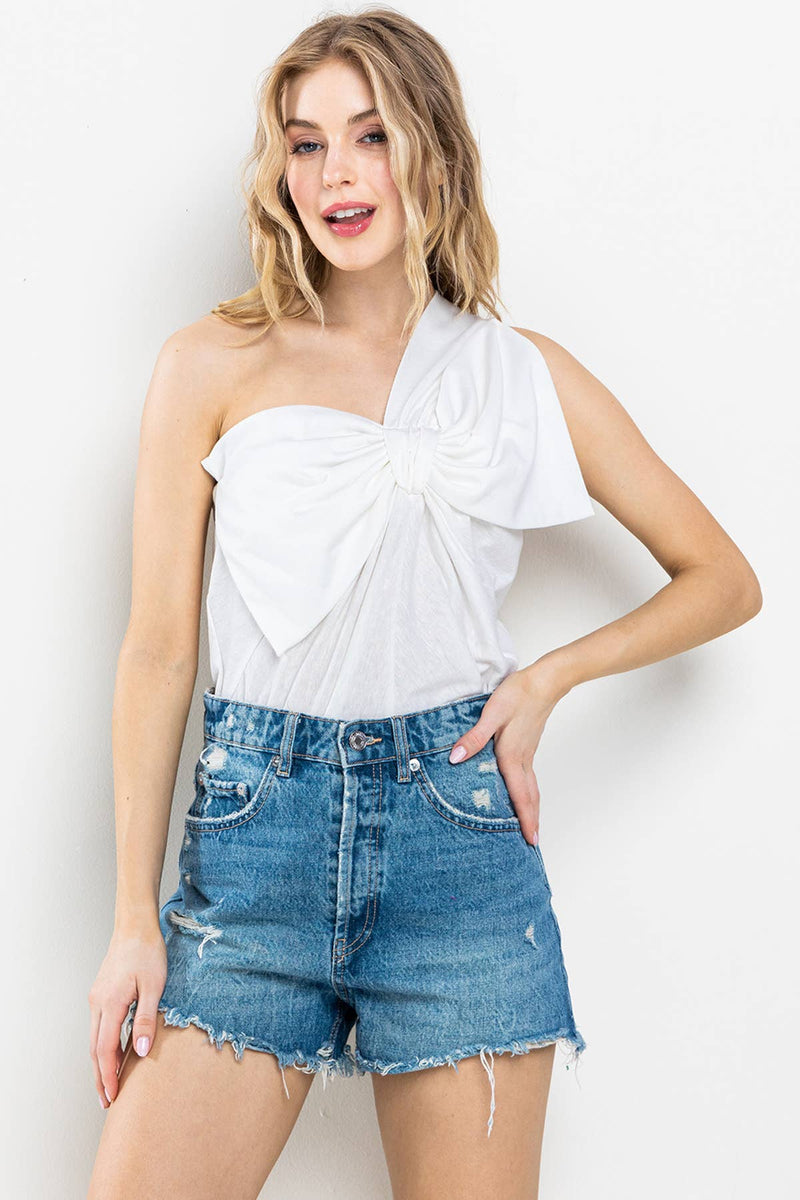 WHITE BIG BOW DETAILED ONE SHOULDER TOP-Ces Femme-Sissy Boutique