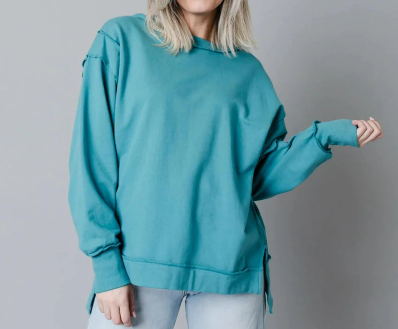Dusty Teal Cherrie Exposed Seam Oversized Sweathshirt Sissy Boutique