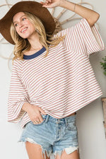 WIDE CREAM COLORED RAGLAN SLEEVE TOP WITH RUST STRIPED AND NAVY BOATNECK-Sissy Boutique-Sissy Boutique