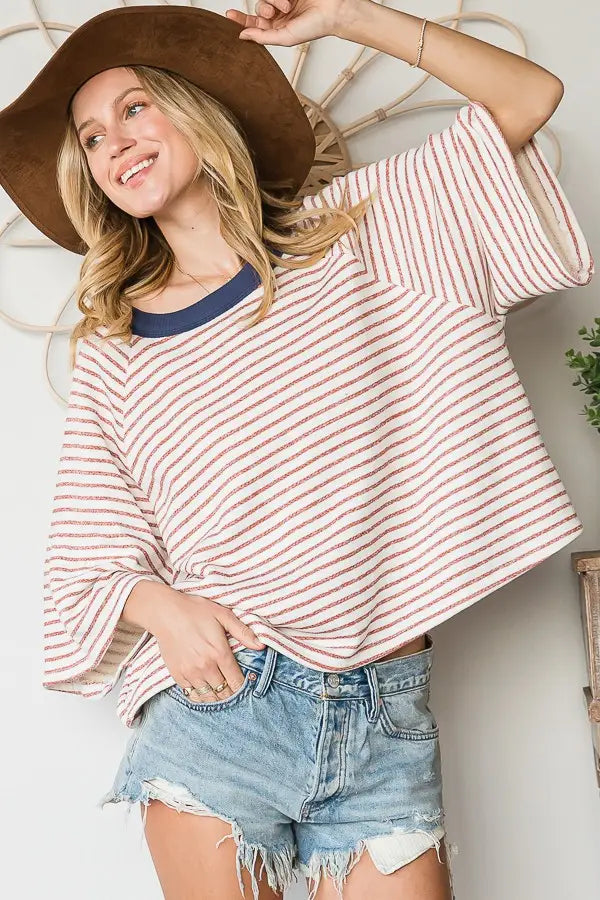 WIDE CREAM COLORED RAGLAN SLEEVE TOP WITH RUST STRIPED AND NAVY BOATNECK-Sissy Boutique-Sissy Boutique