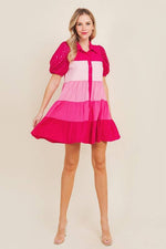 Fuchsia Color Blocked Shirt Dress with Sequined Puff Sleeves TCEC