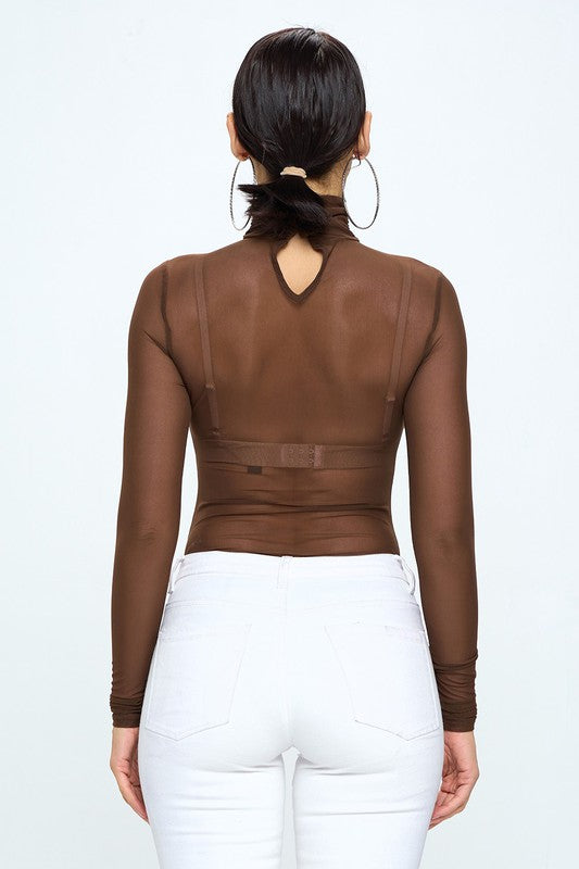 Chocolate Brown Mesh Bodysuit with Mock Turtleneck Sissy Boutique