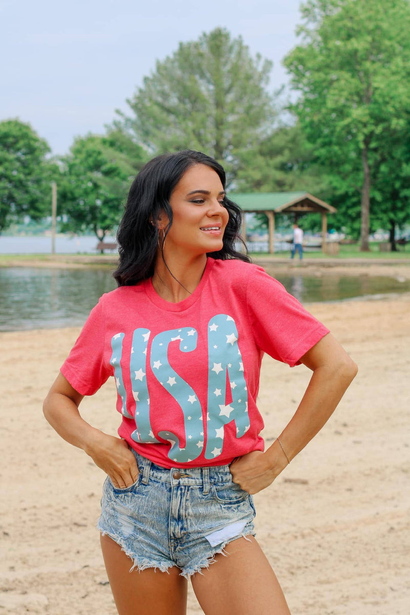 USA | HEATHER RED | SHORT SLEEVE TEE-Small Town Society Apparel Co.-Sissy Boutique