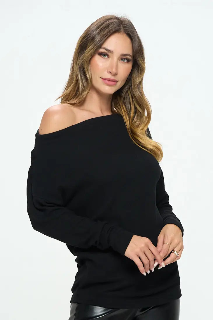 Made in USA Black Brushed Knit Off the Shoulder Top Renee C.