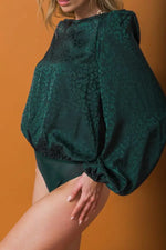 Long Sleeve Emerald Green Satin Leopard Bodysuit Sissy Boutique