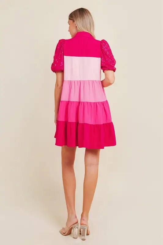 FUCHSIA COLOR BLOCKED SHIRT DRESS WITH SEQUINED PUFF SLEEVES-TCEC-Sissy Boutique