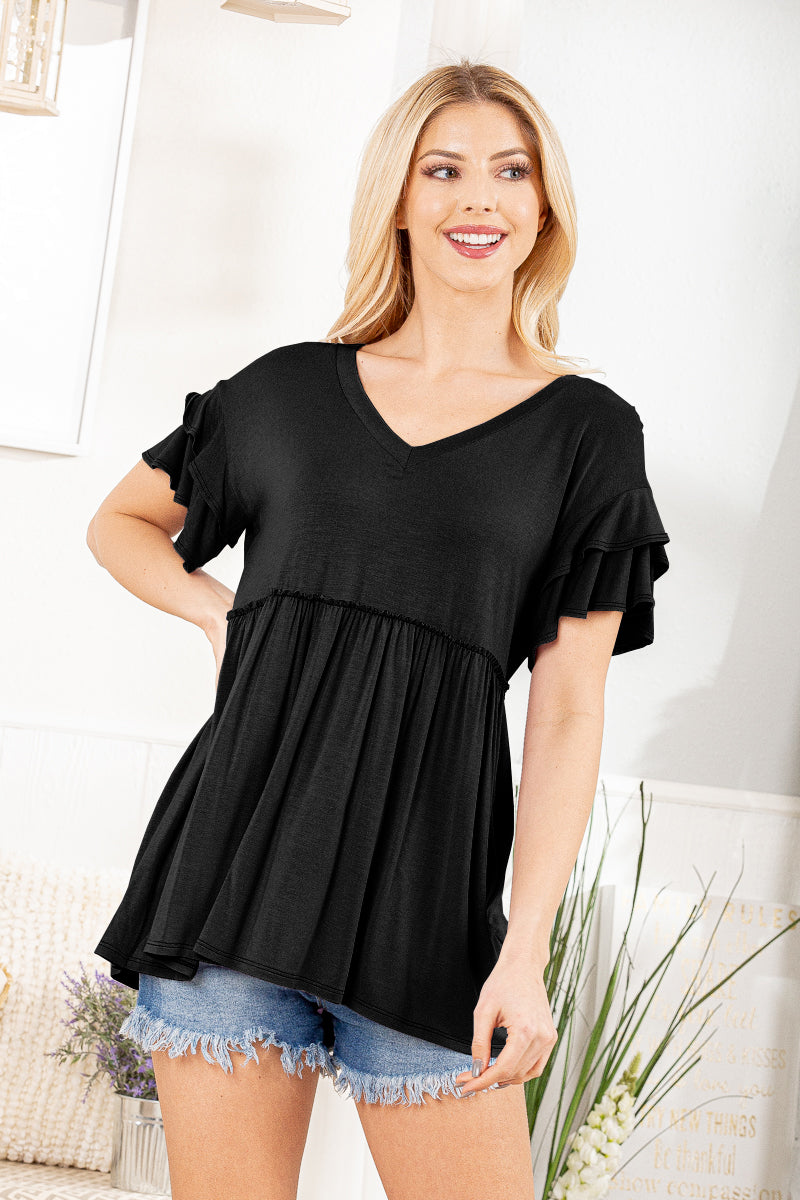 BLACK RUFFLED SHORT SLEEVE V-NECK SOLID BABYDOLL TOP SIZES SMALL-3X-Heimish-Sissy Boutique