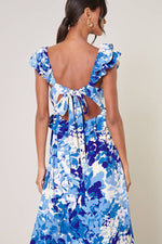 Gypsum Berry Blue Floral Tie Back Cutout Midi Dress Sugarlips