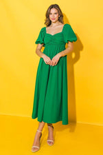 Green Midi Dress with Short Puff Sleeve FLYING TOMATO