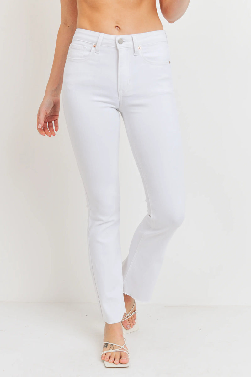 WHITE HIGH RISE SKINNY FLARES WITH RAW HEM-Just USA-Sissy Boutique