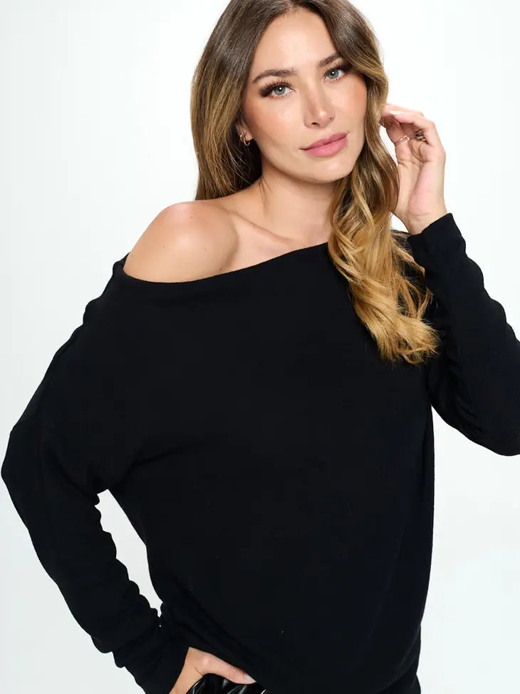 Made in USA Black Brushed Knit Off the Shoulder Top Renee C.