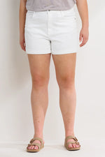 HIGH RISE WHITE DENIM PLUS DISTRESSED SHORTS WITH ROLLED CUFF-Sissy Boutique-Sissy Boutique