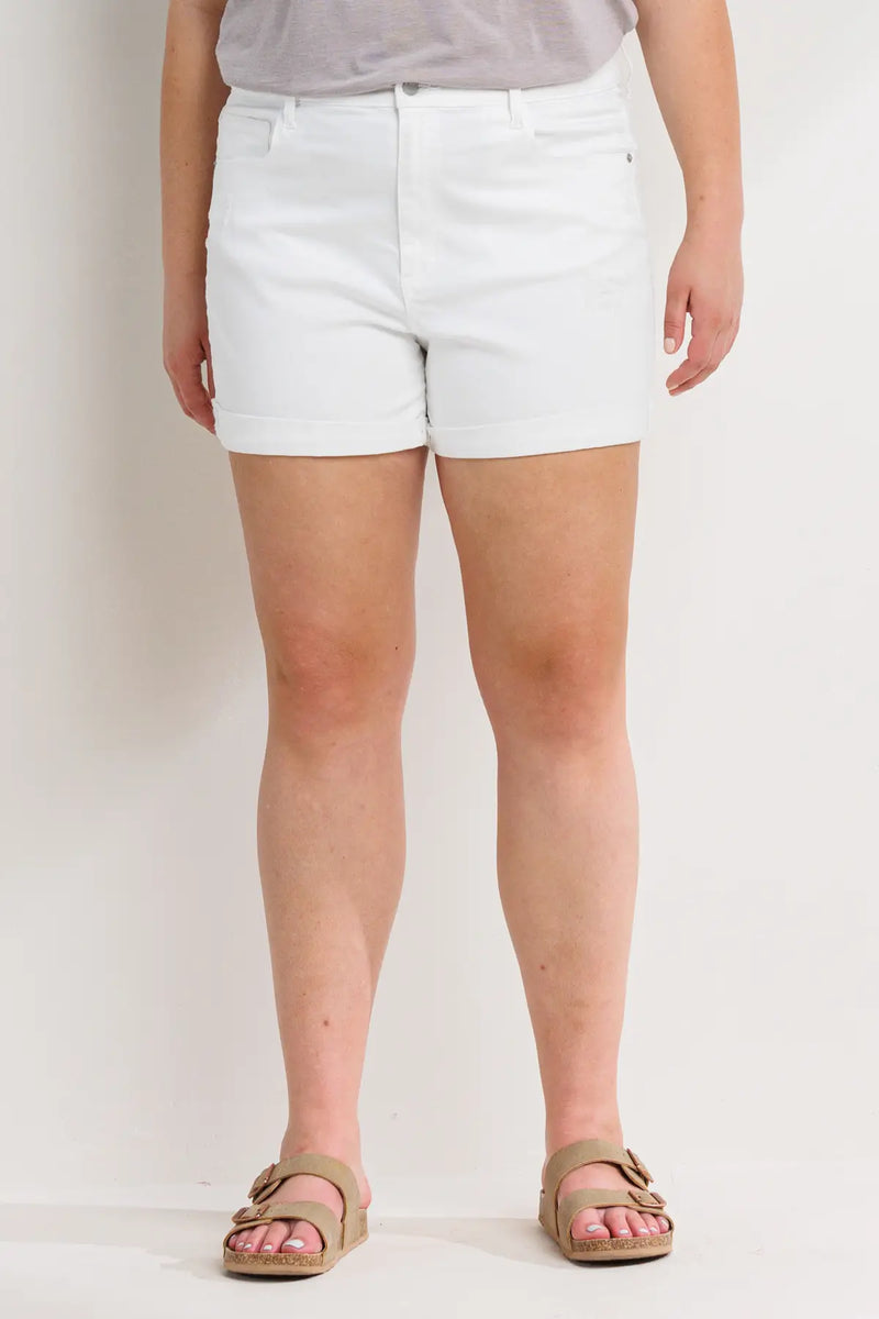 HIGH RISE WHITE DENIM PLUS DISTRESSED SHORTS WITH ROLLED CUFF-Sissy Boutique-Sissy Boutique