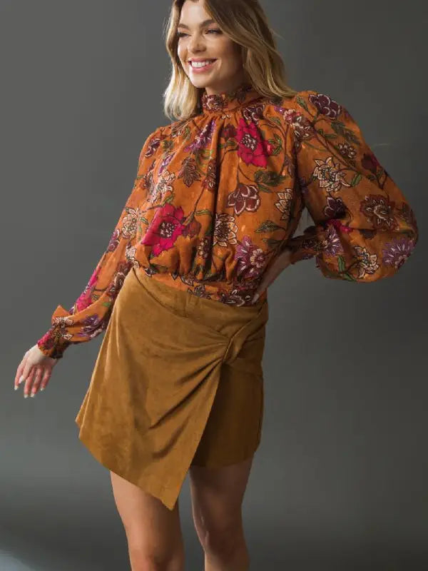 RUST FLORAL HIGH NECK TOP WITH TIE BACK-Flying Tomato-Sissy Boutique