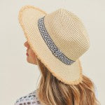 Tan Straw Panama Hat With Black and White Aztec Band and Frayed Edges Sissy Boutique
