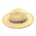 TAN STRAW PANAMA HAT WITH BLACK AND WHITE AZTEC BAND AND FRAYED EDGES-Sissy Boutique-Sissy Boutique