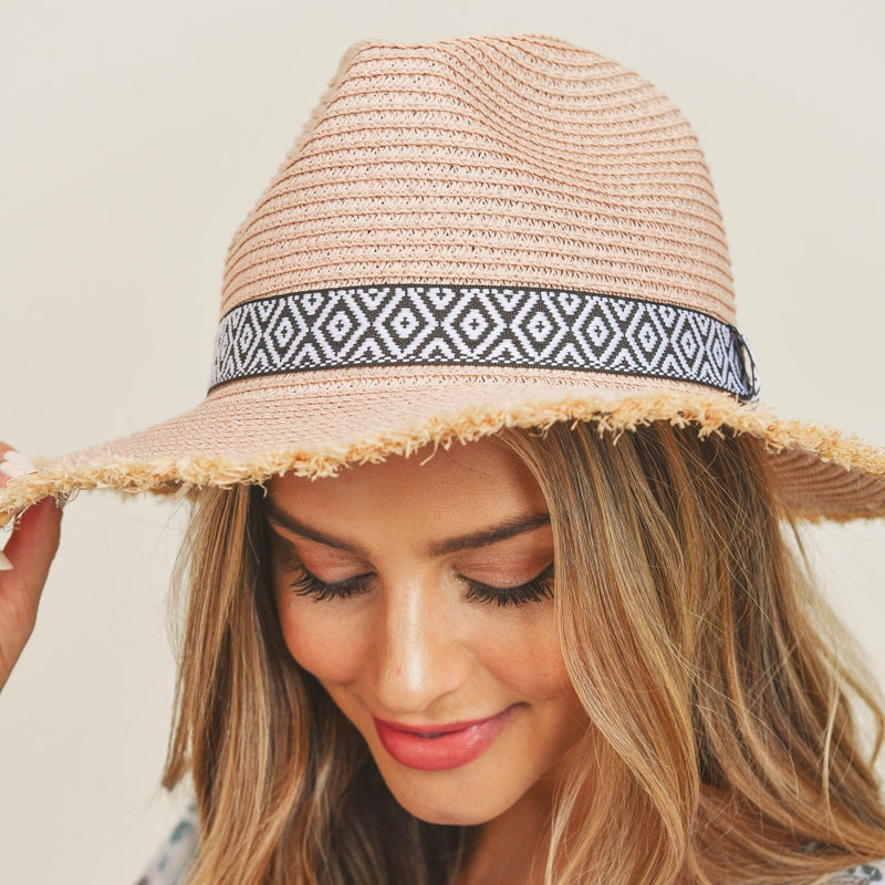Blush Straw Panama Hat With Black and White Aztec Band and Frayed Edges Sissy Boutique