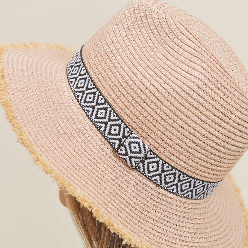 BLUSH STRAW PANAMA HAT WITH BLACK AND WHITE AZTEC BAND AND FRAYED EDGES-Sissy Boutique-Sissy Boutique