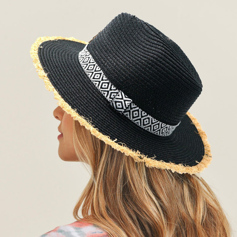 BLACK STRAW PANAMA HAT WITH BLACK AND WHITE AZTEC BAND AND FRAYED EDGES-Sissy Boutique-Sissy Boutique