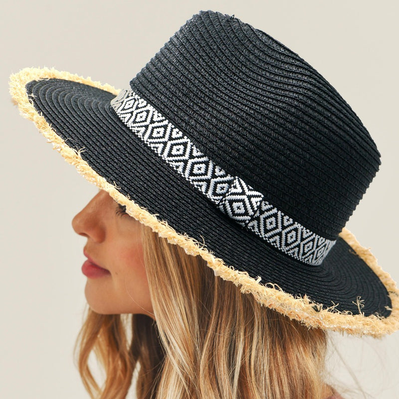 Black Straw Panama Hat With Black And White Aztec Band And Frayed Edges-Sissy Boutique-Sissy Boutique