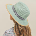 Aqua (Turquoise) Straw Panama Hat With Black and White Aztec Band and Frayed Edges Sissy Boutique