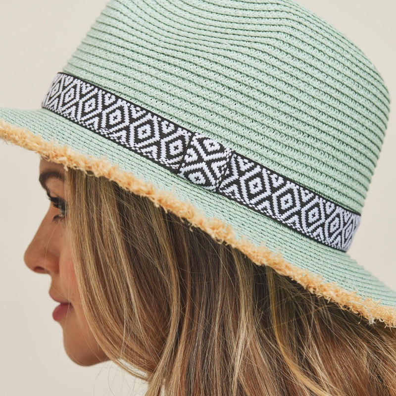 AQUA (TURQUOISE) STRAW PANAMA HAT WITH BLACK AND WHITE AZTEC BAND AND FRAYED EDGES-Sissy Boutique-Sissy Boutique