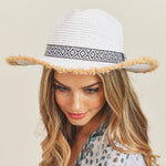 WHITE STRAW PANAMA HAT WITH BLACK AND WHITE AZTEC BAND AND FRAYED EDGES-Sissy Boutique-Sissy Boutique