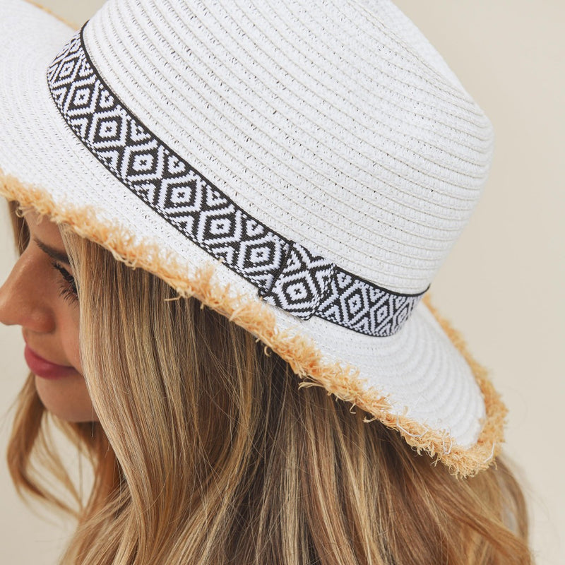 WHITE STRAW PANAMA HAT WITH BLACK AND WHITE AZTEC BAND AND FRAYED EDGES-Sissy Boutique-Sissy Boutique