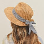 Tan Ladies Adjustable Pinned Up Straw Sun Hat Black and White Seersucker Sash Sissy Boutique