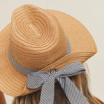 TAN LADIES ADJUSTABLE PINNED UP STRAW SUN HAT BLACK AND WHITE SEERSUCKER SASH-Sissy Boutique-Sissy Boutique