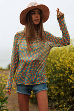YELLOW MINT AND CORAL MULTI SHEER LONG SLEEVE CHECKERED TOP-Davi & Dani-Sissy Boutique