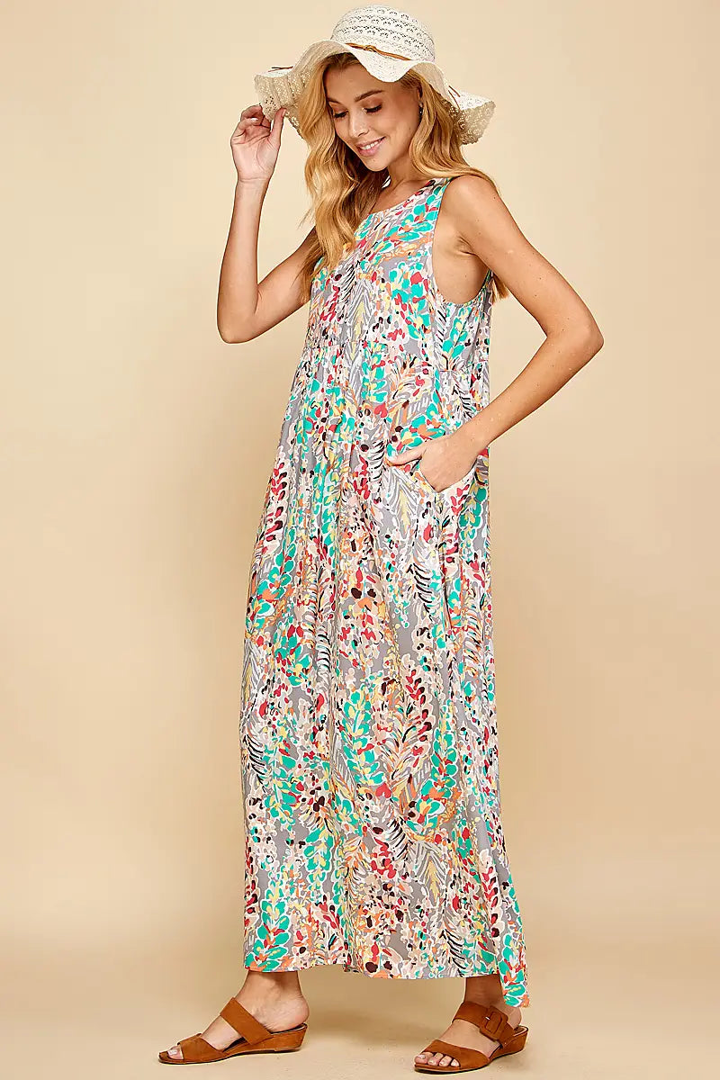 Grey and Mint Floral Racer Back Maxi with Pockets Sissy Boutique