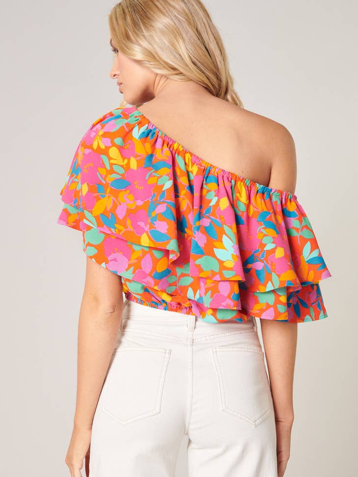 SWEET SOUL FRUITY FLORAL CHARMER ONE SHOULDER RUFFLE TOP-Sugarlips-Sissy Boutique
