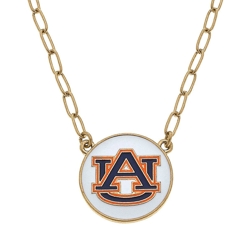AUBURN TIGERS ENAMEL DISC PENDANT NECKLACE IN WHITE-CANVAS Style-Sissy Boutique