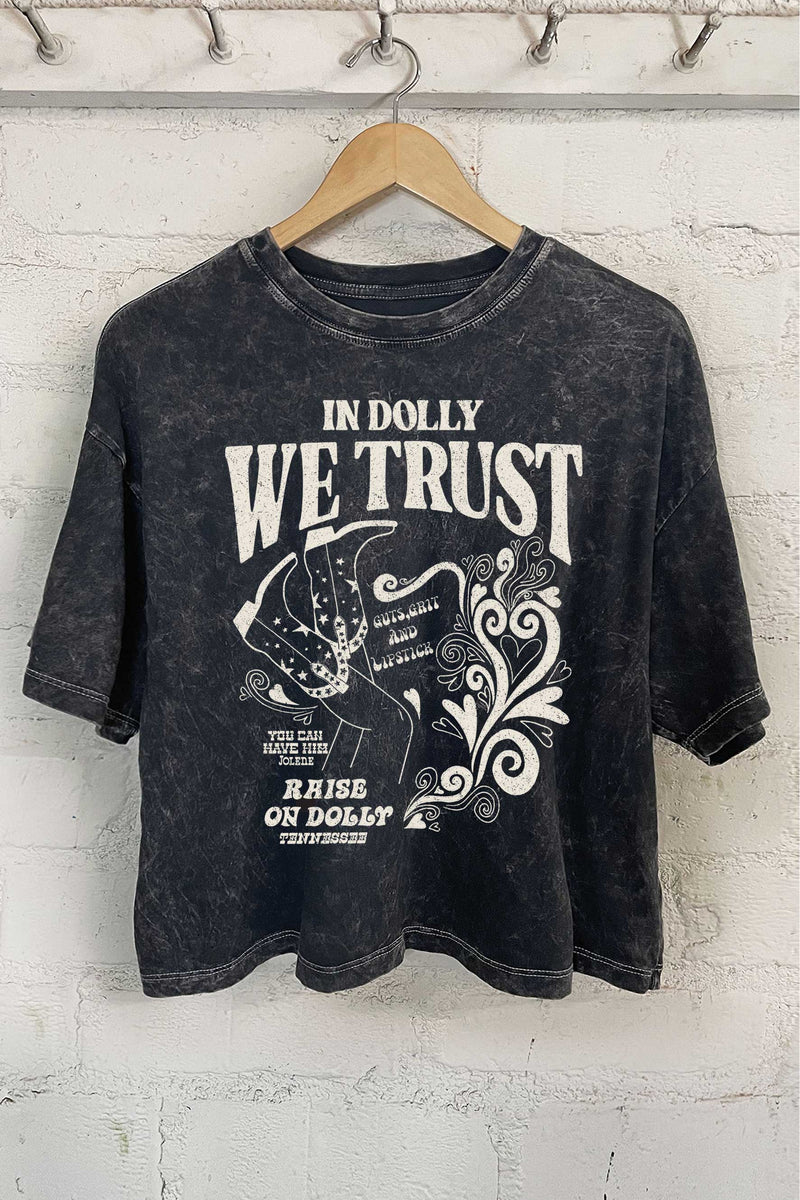 IN DOLLY WE TRUST GRAPHIC TEE BLACK MINERAL LONG CROP TOP-Sissy Boutique-Sissy Boutique