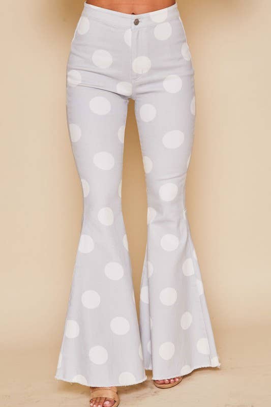 GREY AND IVORY POLKA DOT FLARED JEANS-Sissy Boutique-Sissy Boutique