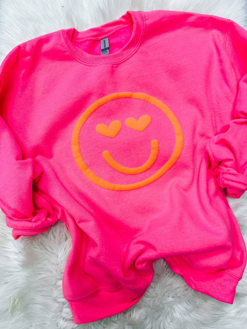 HOT PINK HEART SMILEY FACE PUFF PRINT SWEATSHIRT-Hart and Hollow-Sissy Boutique