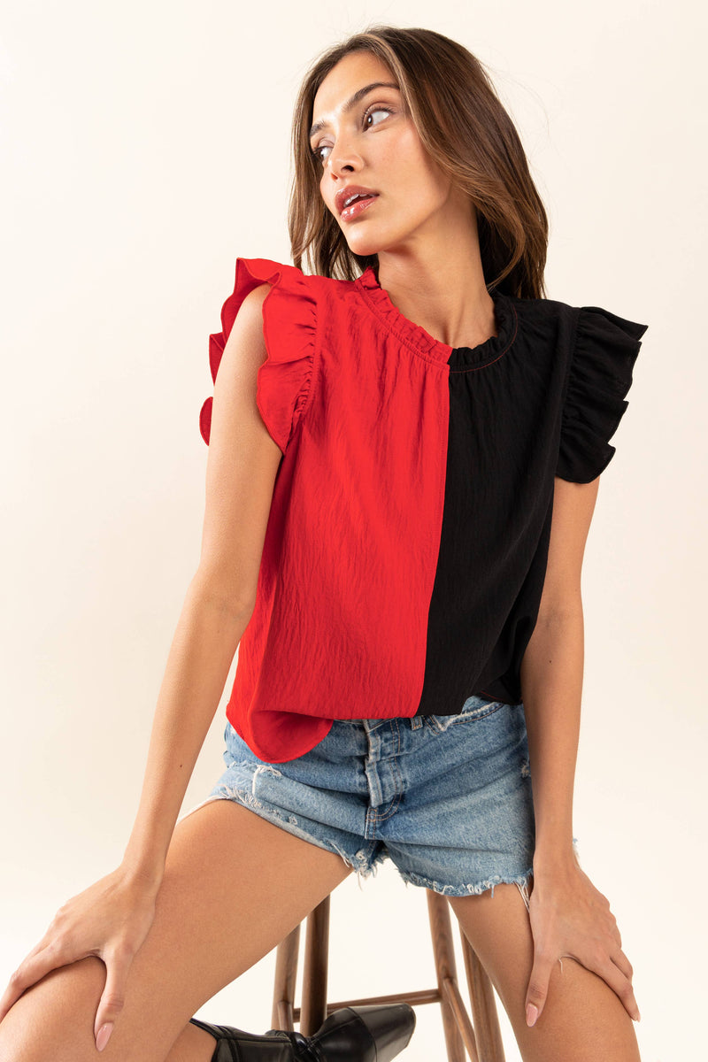 Georgia Game Day Red and Black Ruffle Sleeveless Woven Blouse Top Ces Femme