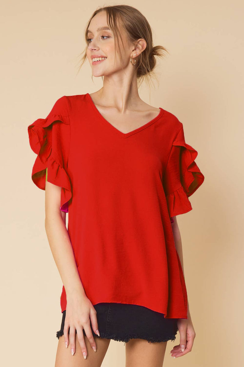 RED RUFFLED SHORT SLEEVE TULIP TOP-FSL Apparel-Sissy Boutique