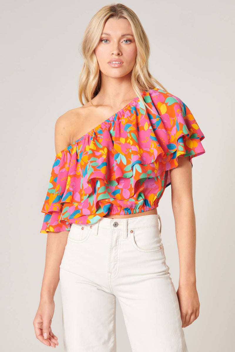 SWEET SOUL FRUITY FLORAL CHARMER ONE SHOULDER RUFFLE TOP-Sugarlips-Sissy Boutique