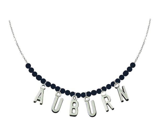 AUBURN NAVY BEADED AND SILVER LETTER NECKLACE-Emerson Street Clothing Co Collegiate Shop-Sissy Boutique