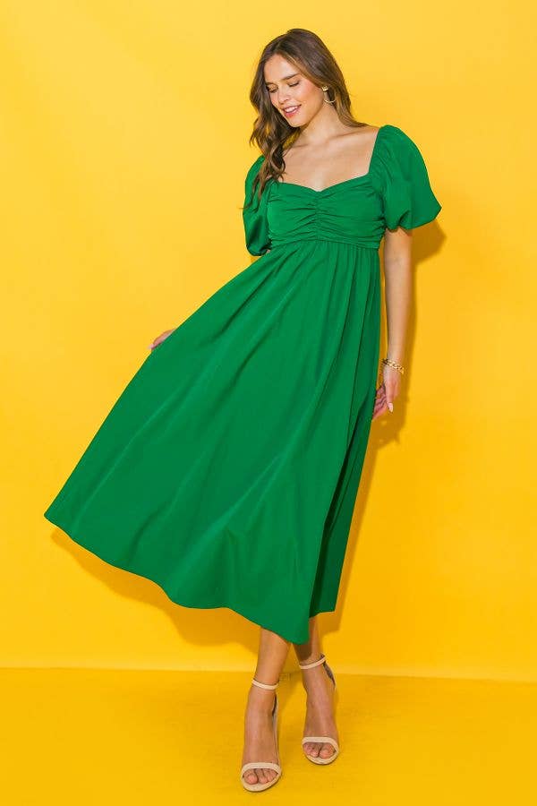 Green Midi Dress with Short Puff Sleeve FLYING TOMATO