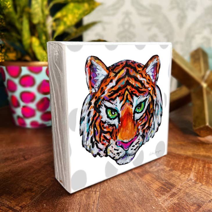 Audra Style | Tiger Face Wood Block - Small 3.5”x3.5” Sissy Boutique