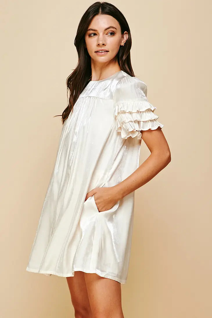 White Short Sleeve Satin Mini Dress with Multi-Layered Ruffled Short Sleeves and Pocketes PINCH