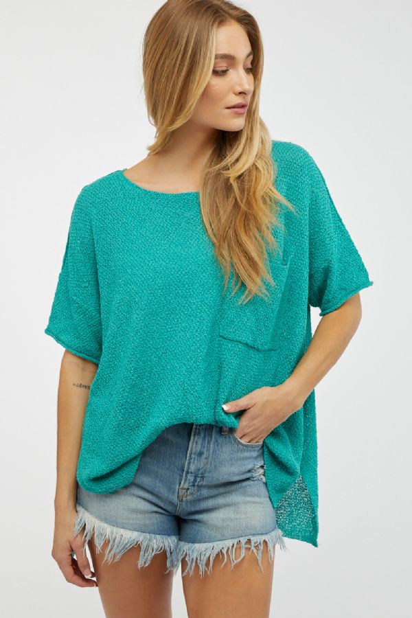Teal Solid Round Neck Loose Sweater with Front Pocket DAVI & DANI
