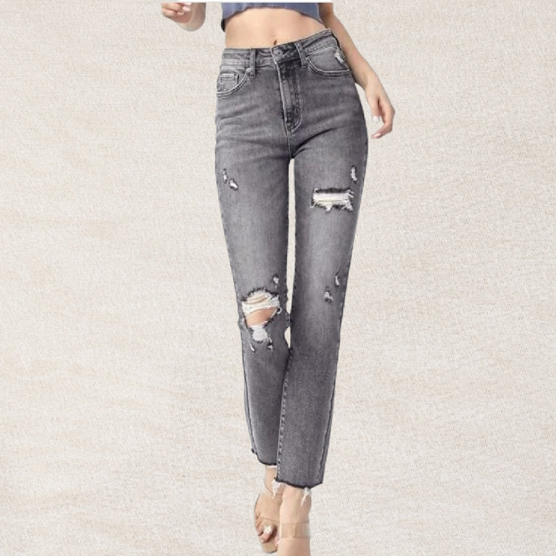 Risen Jeans - Smokey Gray (Light Black) High Rise Distressed Relax Fit Skinny Jeans Sissy Boutique