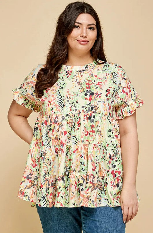 GREEN MULTICOLORED FLORAL RUFFLE SLEEVE BABY DOLL TOP-LIME N CHILI-Sissy Boutique