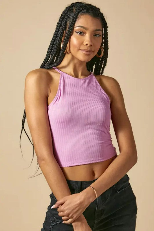 Pink Knit High Neck Sleeveless Ribbed Crop Tank Top Sissy Boutique