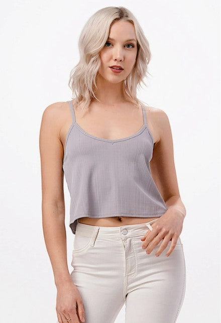 PEARL GREY RIBBED KNIT SWING CROPPED CAMI WITH ADJUSTABLE STRAPS-Sissy Boutique-Sissy Boutique